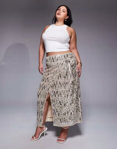 �G�C�\�X ���f�B�[�X �{�g���X �X�J�[�g �~�f�B �X�p���R�[�� ASOS Curve ASOS DESIGN Curve mixed sequins wrap midi skirt in champagne Champagne �V�����p��