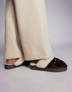 ���o�[�A�C�����h ���f�B�[�X �V���[�Y �T���_�� �X�p���R�[�� River Island sequin fur lined slippers in dark CREAM �N���[��
