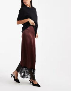 �~�X�Z���t�t���b�W ���f�B�[�X �{�g���X �X�J�[�g �T�e�� ���[�X �}�L�V Miss Selfridge satin and lace bias cut maxi skirt in chocolate Chocolate �`���R���[�g