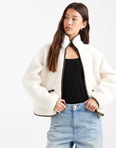 �X���[�h�x�A ���f�B�[�X �A�E�^�[ �j�b�g�E�Z�[�^�[ �t���[�X Threadbare zip front teddy fleece with back panel in ecru and khaki ECRU �G�N����
