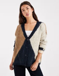 �I�����[ ���f�B�[�X �A�E�^�[ �J�[�f�B�K�� ONLY oversized fluffy cardigan argyle MID BLUE �u���[