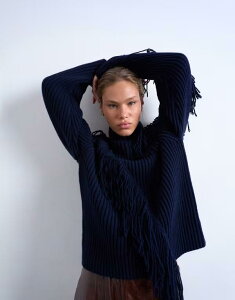 gbvVbv fB[X AE^[ jbgEZ[^[ nClbN Z[^[ jbg tW Topshop knit high neck fringe sweater Navy lCr[