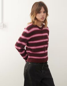 �����L ���f�B�[�X �A�E�^�[ �J�[�f�B�K�� Monki button front cardigan stripe Pink stripe �s���N