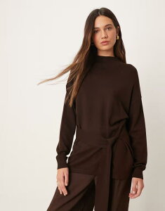 }S fB[X AE^[ jbgEZ[^[ nClbN Z[^[ jbg Mango knit high neck tie waist sweater in dark Dark brown uE