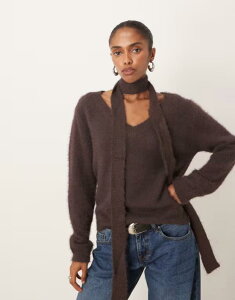 ���[�e�� ���f�B�[�X �A�E�^�[ �j�b�g�E�Z�[�^�[ V�l�b�N �Z�[�^�[ Motel dikara v neck fluffy slouchy sweater with matching scarf BROWN �u���E��