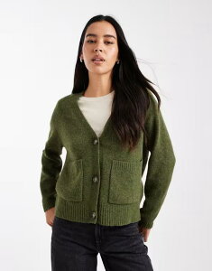 ���F�����[�_ ���f�B�[�X �A�E�^�[ �J�[�f�B�K�� �j�b�g Vero Moda boxy knit cardigan with pockets in cypress Cypress Melange �O���[��