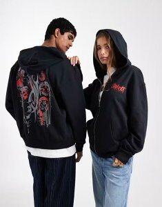 �G�C�\�X �����Y �A�E�^�[ �p�[�J�[�E�X�E�F�b�g �v�����g ASOS DESIGN Unisex relaxed hoodie with Slipknot prints Black �u���b�N