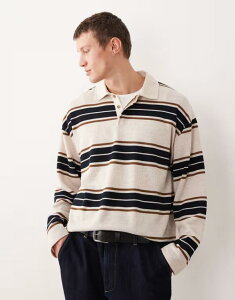 �G�C�\�X �����Y �g�b�v�X �|���V���c ASOS DESIGN heavyweight long sleeve rugby polo shirt in ecru and navy stripes Multi �}���`�J���[