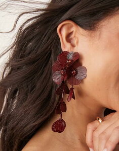 �G�C�\�X ���f�B�[�X �A�N�Z�T���[ �s�A�X�E�C�������O �t�����[�� �t�����[ ASOS DESIGN drop earrings with 3D floral design Burgundy �o�[�K���f�B