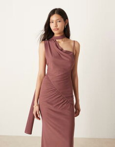 �G�C�\�X ���f�B�[�X �g�b�v�X �����s�[�X ���b�V�� ASOS DESIGN mesh one shoulder dress with wrap around skinny scarf detail in dusty rose Dusky Rose