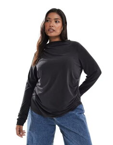 �I�����[�J�[�u ���f�B�[�X �g�b�v�X T�V���c �M���U�[ ONLY Curve slinky long sleeve top with ruched neck detail in charcoal Black �u���b�N