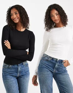 �~�X�Z���t�t���b�W ���f�B�[�X �g�b�v�X �V���c �N���[�l�b�N Misselfridge 2 pack long sleeve rib crew neck top and BLACK & WHITE �z���C�g
