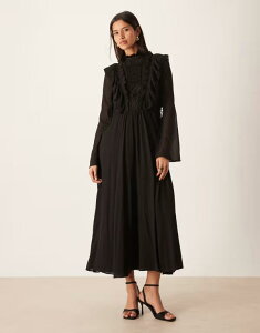 �G�C�\�X ���f�B�[�X �g�b�v�X �����s�[�X �n�C�l�b�N �t���� ���[�X �}�L�V ASOS DESIGN high neck ruffle maxi dress with lace inserts and ties in midnight black �u���b�N