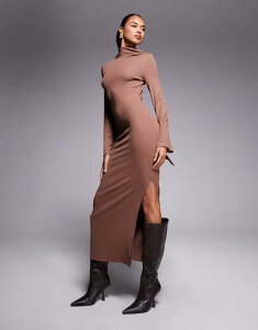 �G�C�\�X ���f�B�[�X �g�b�v�X �����s�[�X �~�f�B ASOS DESIGN scarf detail fluted sleeve midi dress BROWN �u���E��