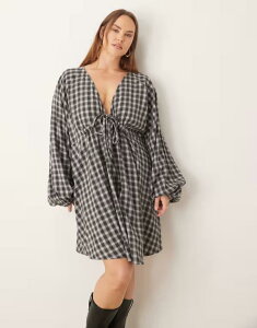 �G�C�\�X ���f�B�[�X �g�b�v�X �����s�[�X V�l�b�N �~�j ASOS Curve ASOS DESIGN Curve v-neck tie bust mini dress with volume sleeves plaid Gray Check �O���[