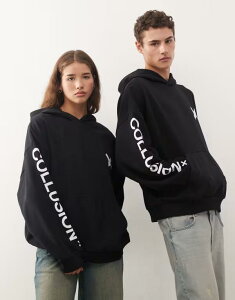 �R���[�W���� ���f�B�[�X �A�E�^�[ �p�[�J�[�E�X�E�F�b�g ���S COLLUSION Unisex logo boxy hoodie Black �u���b�N