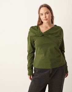 �G�C�\�X ���f�B�[�X �g�b�v�X �^���N�g�b�v T�V���c ASOS DESIGN Curve Circular Design Collection twist neck detailong sleeve tee in dark olive Dark olive �I���[�u