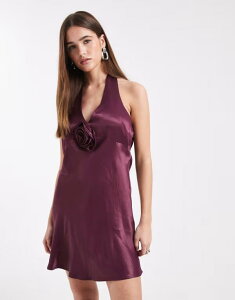 �~�X�Z���t�t���b�W ���f�B�[�X �g�b�v�X �����s�[�X �~�j �T�e�� �z���^�[ Misselfridge corsage halter satin mini dress in fig