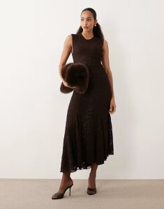 }S fB[X gbvX s[X AVg[ m[X[u [X }LV Mango lace sleeveless asymmetric hemaxi dress in chocolate `R[g
