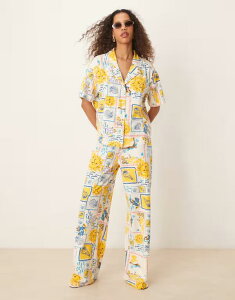 �G�C�\�X ���f�B�[�X �{�g���X �J�W���A���p���c ���C�h���b�O �v�����g ���l�� ASOS DESIGN linen look wide leg pants in postcard print - part of a set Postcard print