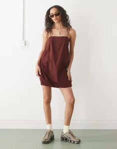 �����L ���f�B�[�X �g�b�v�X �����s�[�X �~�j �R�b�g�� Monki cotton poplin mini dress with tie straps Burgundy �o�[�K���f�B