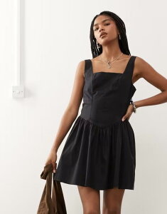 �����L ���f�B�[�X �g�b�v�X �����s�[�X �~�j �R�b�g�� Monki square neck cotton mini dress with drop waist Black �u���b�N