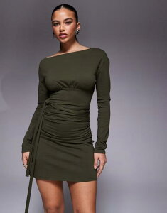 �t�@�b�V�����L�� ���f�B�[�X �g�b�v�X �����s�[�X ���b�v�E�G�X�g �~�j �R�b�g�� Fashionkilla cotton rich off the shoulder long sleeve wrap waist detail mini dress Khaki �J�[�L
