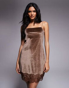 �G�C�\�X ���f�B�[�X �g�b�v�X �����s�[�X �~�j �x���x�b�g ���[�X ASOS DESIGN velvet mini dress with deep lace hem trim in chocolate BROWN �u���E��