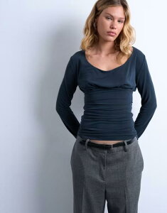 �g�b�v�V���b�v ���f�B�[�X �g�b�v�X T�V���c �M���U�[ Topshop cupro scoop neck long sleeve ruched top Gray �O���[