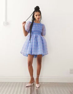 �G�C�~�[�E���[ ���f�B�[�X �g�b�v�X �����s�[�X �J�b�g�A�E�g �~�j Amy Lynn organza bubble mini dress with cut out back plaid Purple Check �p�[�v��