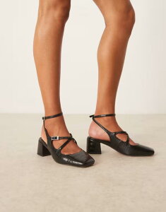 �G�C�\�X ���f�B�[�X �V���[�Y �q�[�� ASOS DESIGN Wide Fit Simone buckle strap detail mid block heel shoes croc BLACK CROC �u���b�N