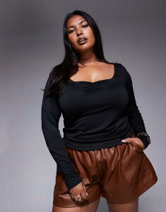 �G�C�\�X ���f�B�[�X �g�b�v�X T�V���c ASOS Curve ASOS DESIGN Curve double layer long sleeve sweetheart neck top Black �u���b�N
