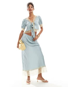 �G�C�\�X ���f�B�[�X �{�g���X�J�[�g �~�f�B �T�e�� ���[�X ASOS DESIGN satin midi skirt with lace hem - part of a set Blue �u���[