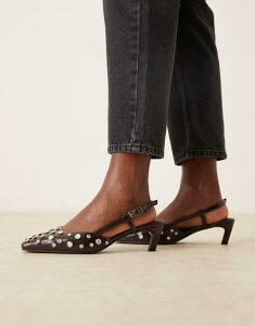 �G�C�\�X ���f�B�[�X �V���[�Y �q�[�� ASOS DESIGN Wide Fit Shadow embellished chisel toe slingback mid heel shoes in chocolate Gembellished �`���R���[�g
