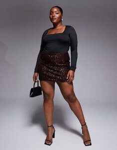 �G�C�\�X ���f�B�[�X �{�g���X�J�[�g �~�j �X�p���R�[�� ASOS Curve ASOS DESIGN Curve all-over sequin mini skirt in chocolate �`���R���[�g