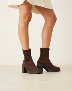 �G�C�\�X ���f�B�[�X �V���[�Y �u�[�c�E���C���u�[�c �X�G�[�h �q�[�� ASOS DESIGN ASOS EDISON Wide Fit Edison square toe chunky heeled sock boots in chocolate suedette Chocolate �`���R���[�g