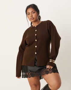 �G�C�\�X ���f�B�[�X �A�E�^�[ �J�[�f�B�K�� �N���[�l�b�N �j�b�g ASOS Curve ASOS DESIGN Curve knit structured crew neck cardigan with gold tone buttons in chocolate �`���R���[�g