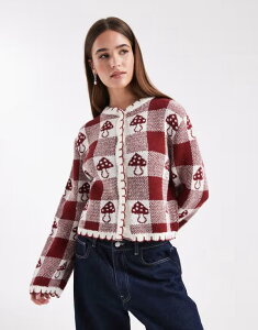 �~�X�Z���t�t���b�W ���f�B�[�X �A�E�^�[ �J�[�f�B�K�� Misselfridge blanket stitching cardigan with novelty mushroom pattern Burgundy �o�[�K���f�B