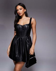 �o�[�h�b�g ���f�B�[�X �g�b�v�X �����s�[�X�g���b�v���X ���U�[ Bardot Savoy leather look plunge neck strapless midaxi dress Black �u���b�N