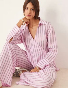 �G�C�\�X ���f�B�[�X �g�b�v�X �V���c �^�C�f�B�e�[�� ASOS DESIGN modal wrap tie detail shirt stripe - part of a set Pink Stripe �s���N