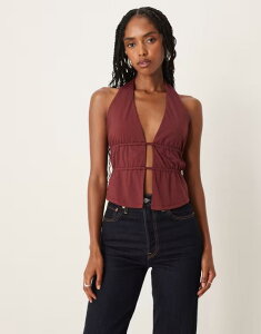 �G�C�\�X ���f�B�[�X �g�b�v�X �V���c �M���U�[ �z���^�[ ASOS DESIGN polyamide ruched waist detail halter top Burgundy �o�[�K���f�B
