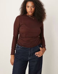 �G�C�\�X ���f�B�[�X �g�b�v�X T�V���c �Z�~�V�A�[ �n�C�l�b�N ���b�V�� �V�A�[ ASOS Curve ASOS DESIGN Curve high neck mesh semi sheer long sleeve top in chocolate Brown �u���E��