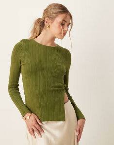 �G�C�\�X ���f�B�[�X �g�b�v�X T�V���c �T�C�h�X���b�g �N���[�l�b�N �j�b�g ASOS DESIGN knit crew neck longline top with side slit Khaki �J�[�L