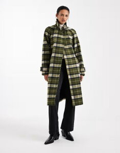 ���F�����[�_ ���f�B�[�X �A�E�^�[ �R�[�g �v�����g Vero Moda brushed formal belted coat-green plaid print Grape leaf �O���[�v