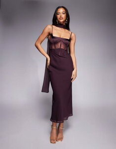 �G�C�\�X ���f�B�[�X �g�b�v�X �����s�[�X �~�f�B �T�e�� ���[�X ASOS DESIGN cami satin and lace slip midi dress with scarf detail in mulberry