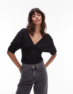 �G�C�\�X ���f�B�[�X �g�b�v�X �V���c �M���U�[ ASOS DESIGN slinky plunge front batwing top with ruched waist Black �u���b�N