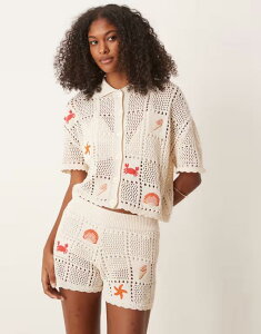 �G�C�\�X ���f�B�[�X �{�g���X �n�[�t�p���c�E�V���[�c �V���[�g�p���c �j�b�g ASOS DESIGN knit shorts with sea lifembroidery in cream - part of a set Cream �N���[��