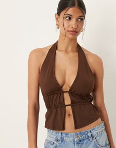 �G�C�\�X ���f�B�[�X �g�b�v�X �V���c �M���U�[ �z���^�[ ASOS DESIGN polyamide ruched waist detail halter top Brown �u���E��