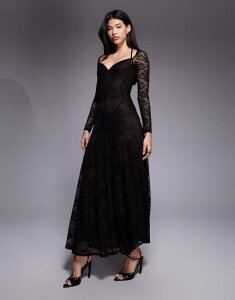 �G�C�\�X ���f�B�[�X �g�b�v�X �����s�[�X ���[�X �}�L�V ASOS DESIGN long sleeve lace maxi dress with seam detail Black �u���b�N