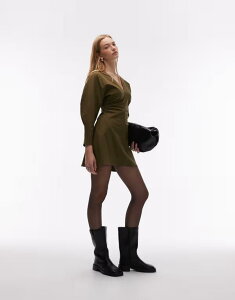 �G�C�\�X ���f�B�[�X �g�b�v�X �����s�[�X V�l�b�N �M���U�[ �~�j ASOS DESIGN v-neck ruched bengaline mini dress OLIVE �I���[�u